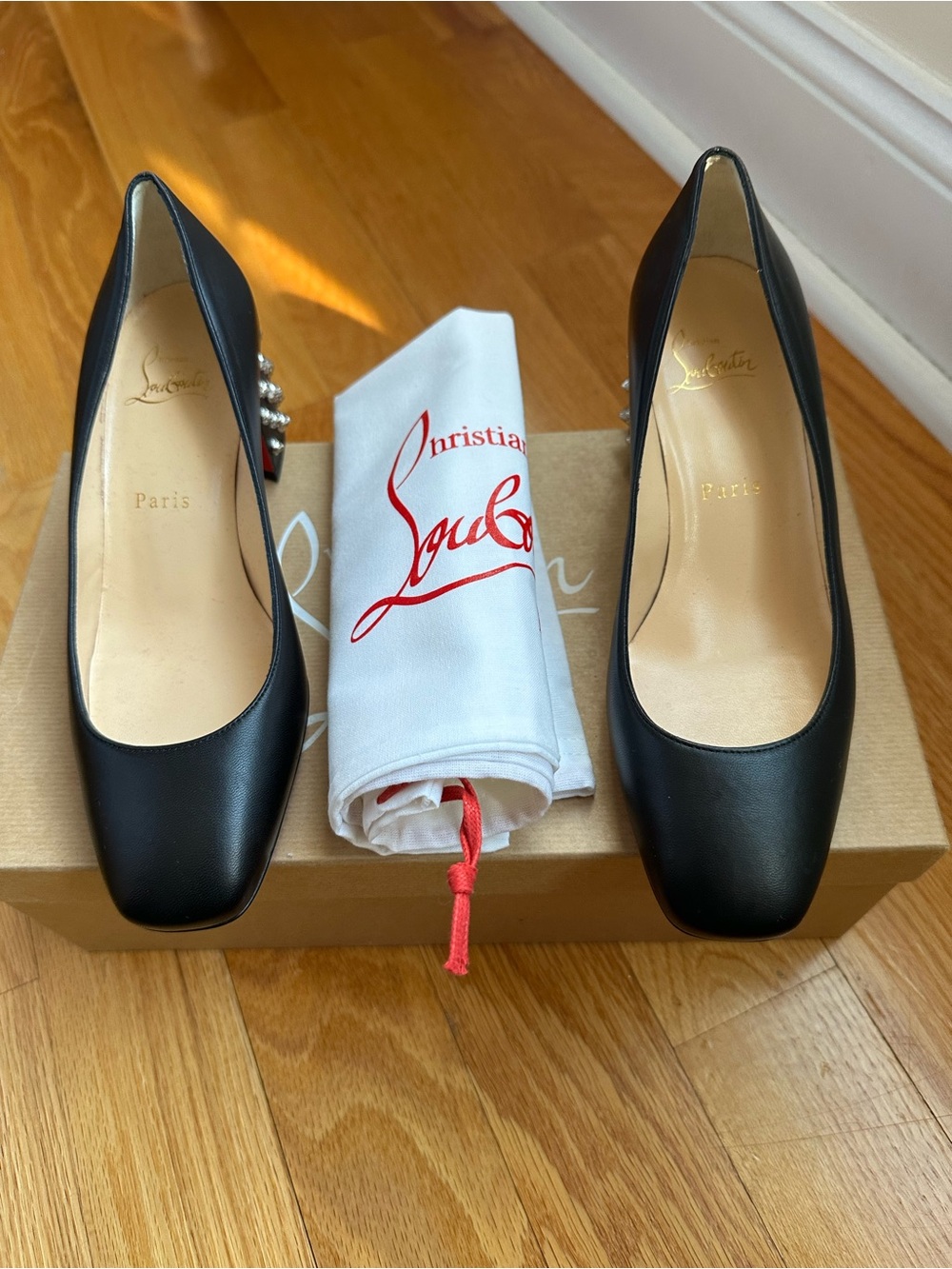 Christian Louboutin Black Leather Pearl-Embellished Pumps